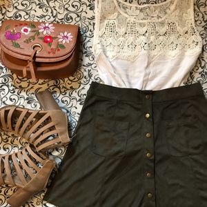 OLIVE SUEDE FLARE SKATER SKIRT